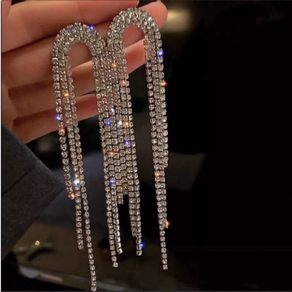 Jewelry - Rhinestone Crystal Earrings Silver Plated Dangle Tassel Waterfall Asos U…
